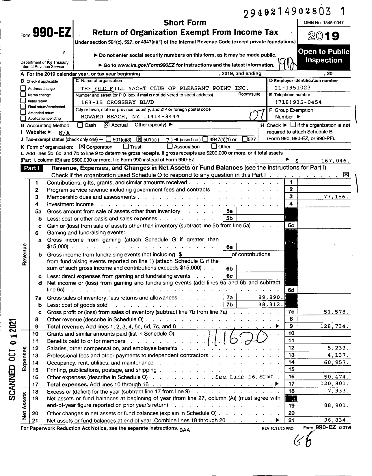 Image of first page of 2019 Form 990EO for The Old Mill Yacht Club of Pleasant Point