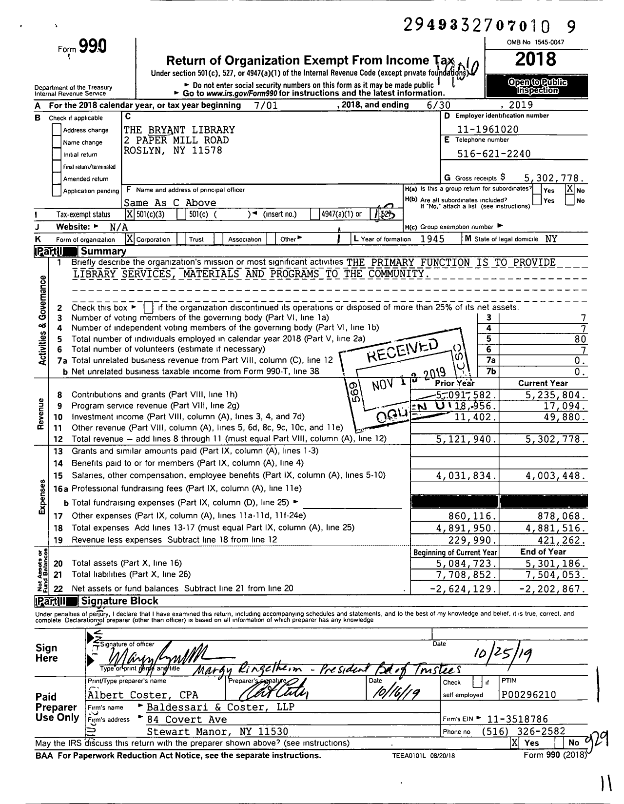 Image of first page of 2018 Form 990 for The Bryant Library