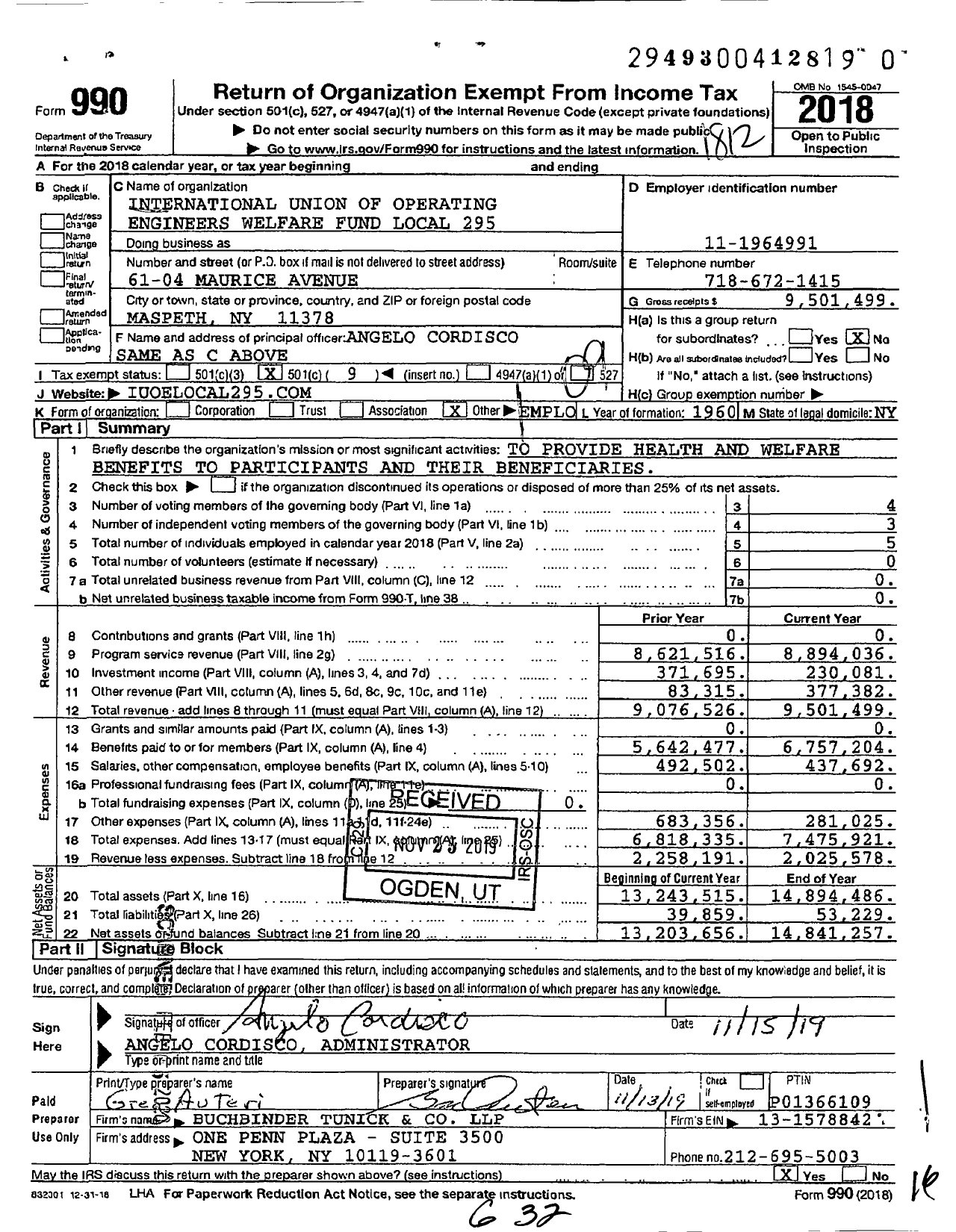 Image of first page of 2018 Form 990O for International Union of Operating Engineers Welfare Fund Local 295