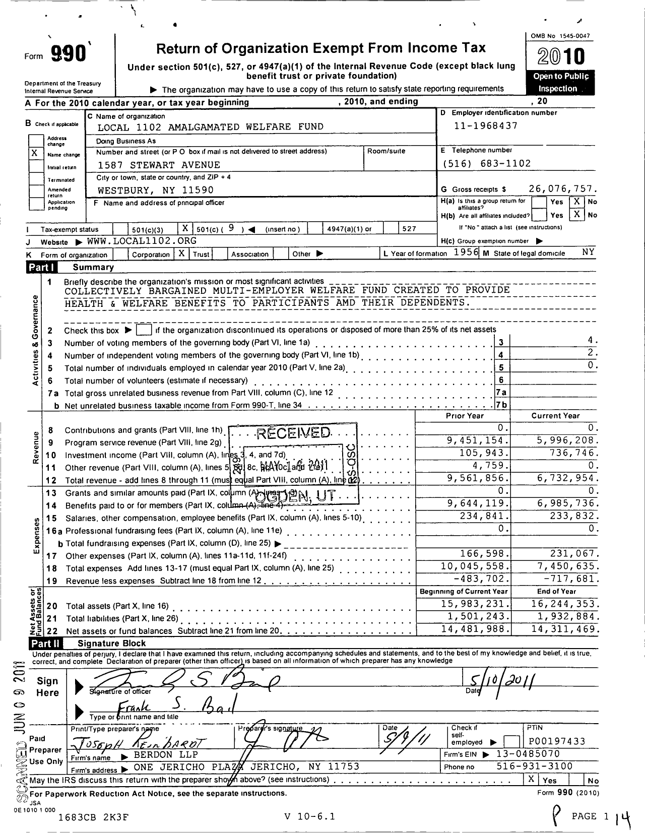 Image of first page of 2010 Form 990O for Local 1102 Amalgamated Welfare Fund