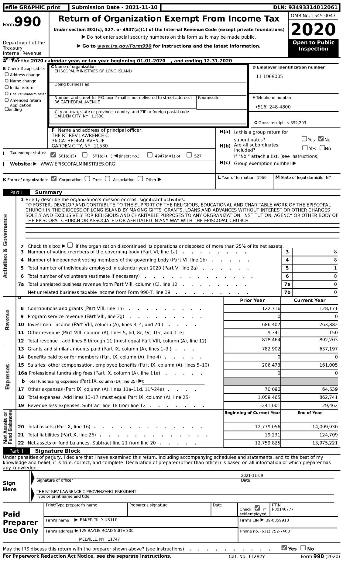 Image of first page of 2020 Form 990 for Episcopal ministries Of Long Island