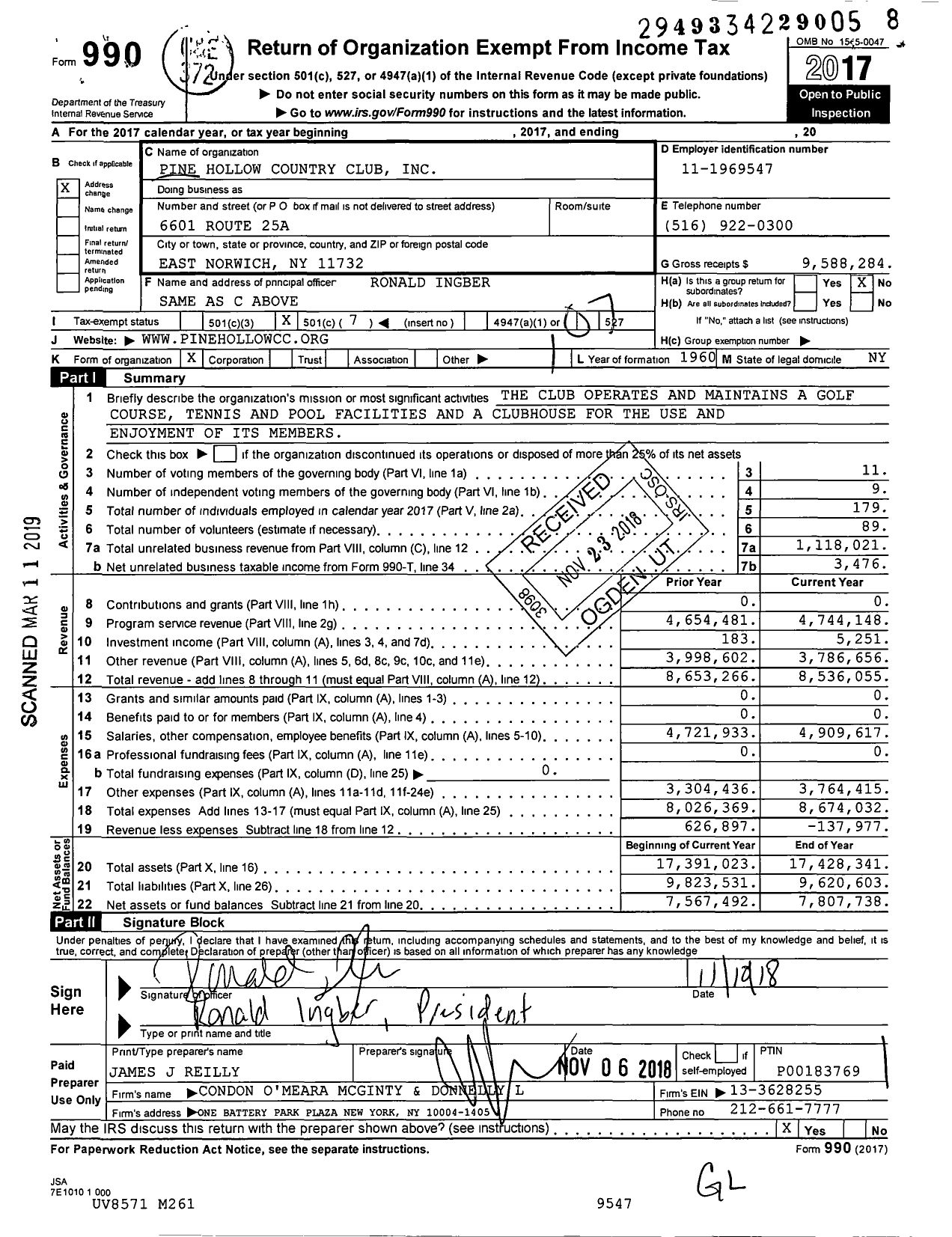 Image of first page of 2017 Form 990O for Pine Hollow Country Club