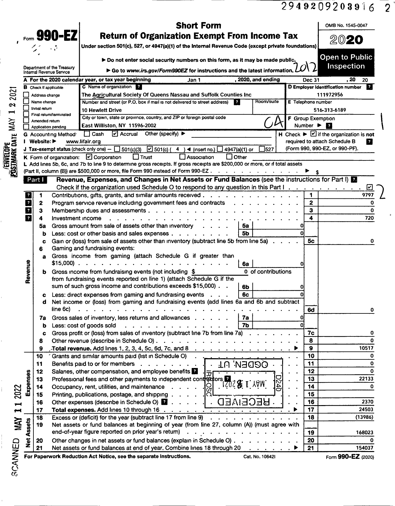 Image of first page of 2020 Form 990EO for The Agricultural Society of Queens Nassau and Suffolk Counties