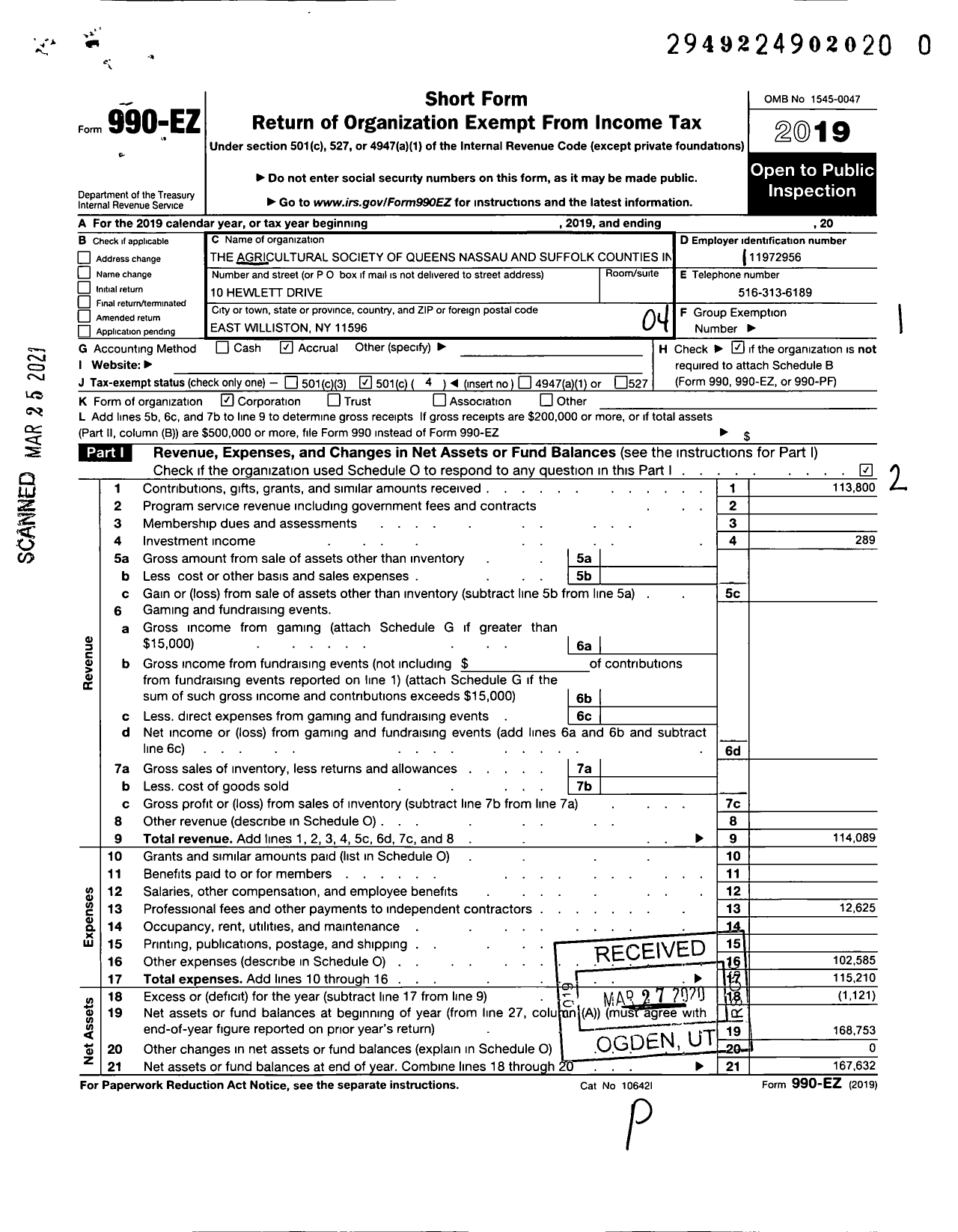 Image of first page of 2019 Form 990EO for The Agricultural Society of Queens Nassau and Suffolk Counties