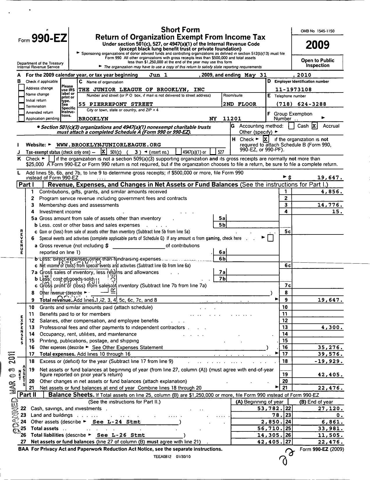 Image of first page of 2009 Form 990EZ for The Junior League of Brooklyn