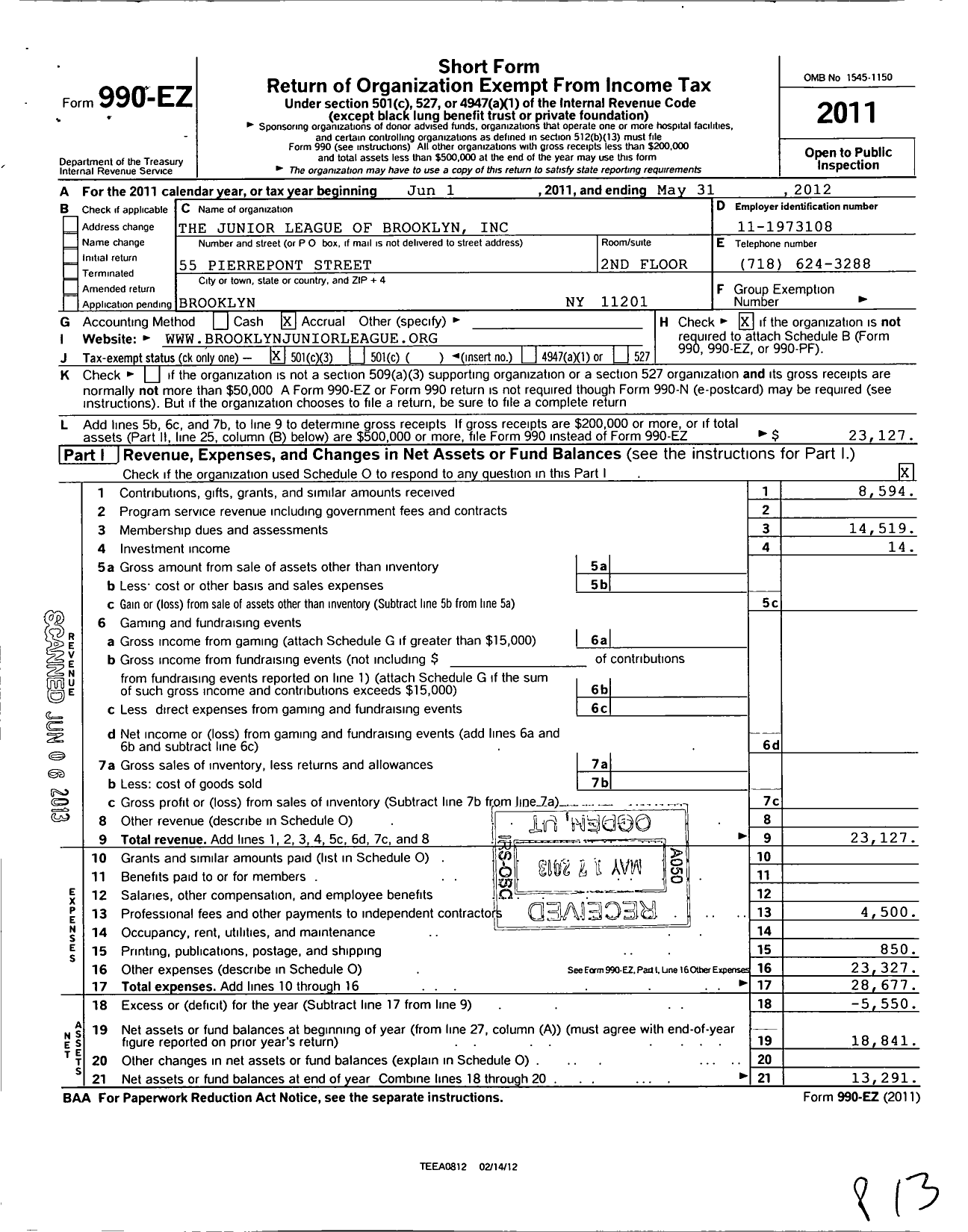 Image of first page of 2011 Form 990EZ for The Junior League of Brooklyn