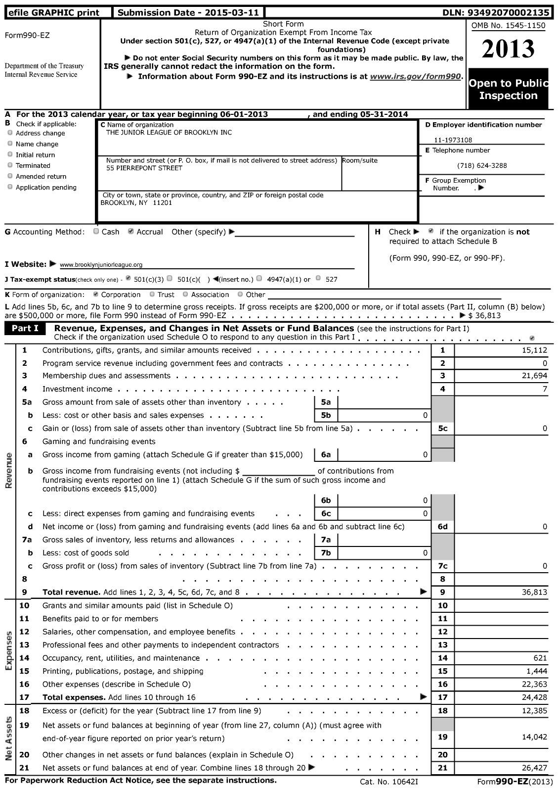 Image of first page of 2013 Form 990EZ for The Junior League of Brooklyn