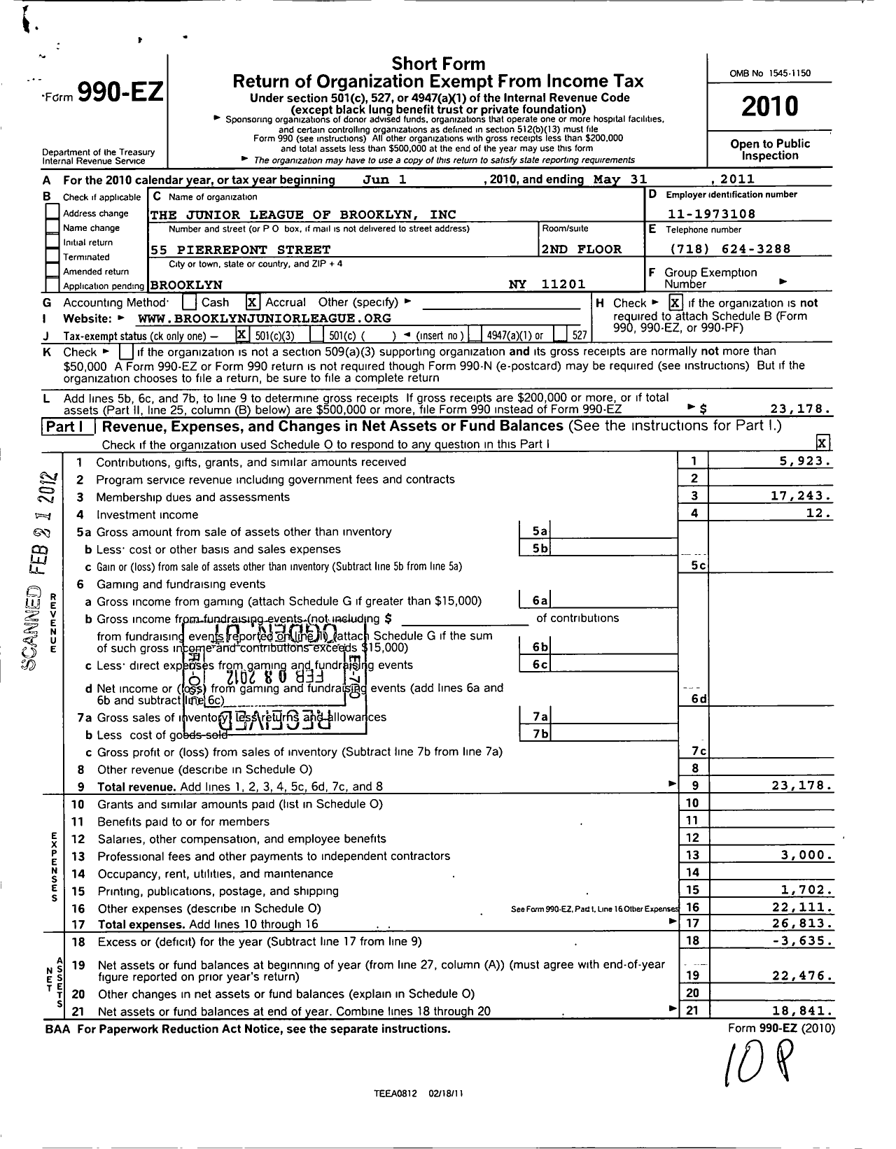 Image of first page of 2010 Form 990EZ for The Junior League of Brooklyn