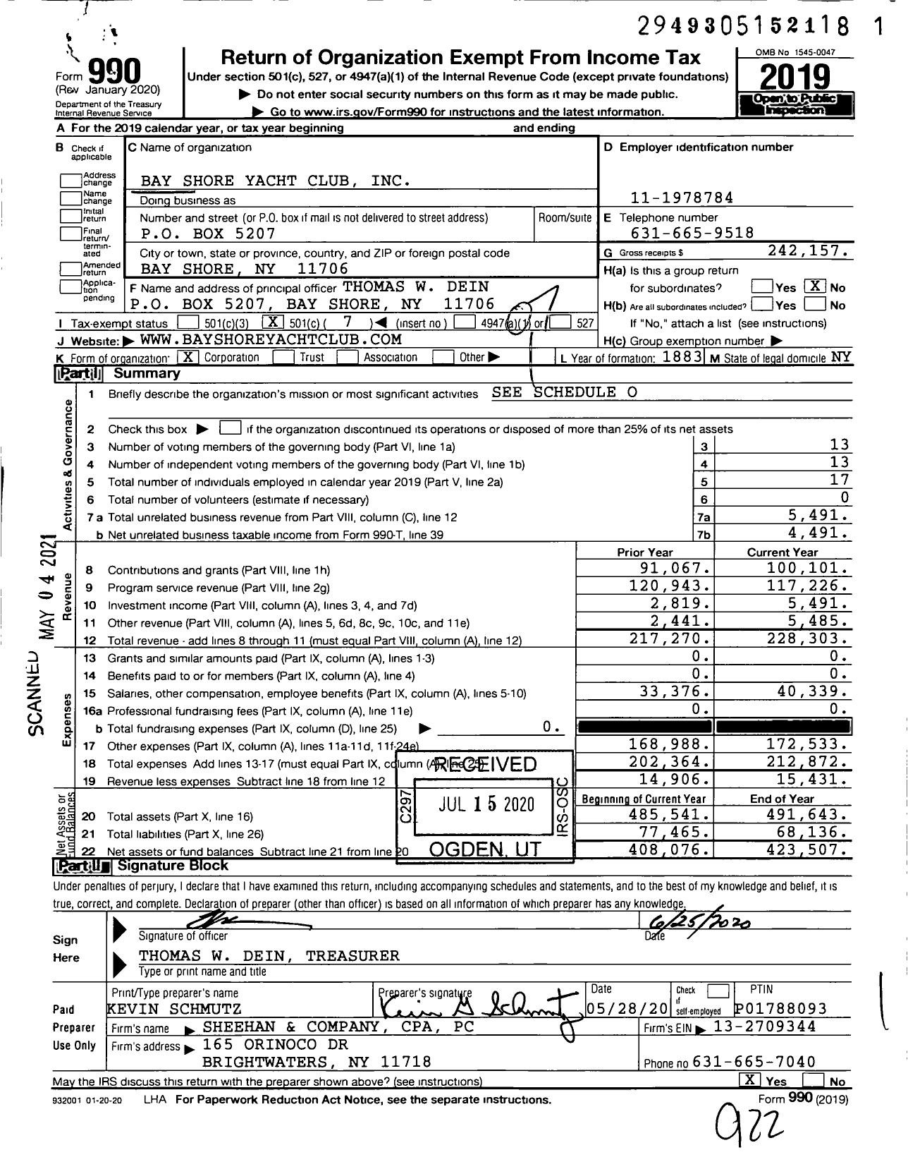 Image of first page of 2019 Form 990O for Bay Shore Yacht Club