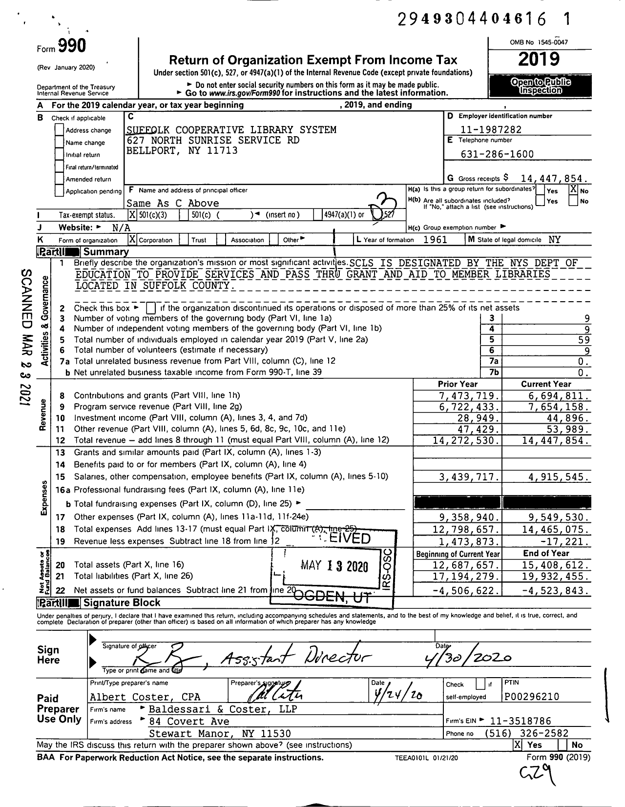 Image of first page of 2019 Form 990 for Suffolk Cooperative Library System (SCLS)