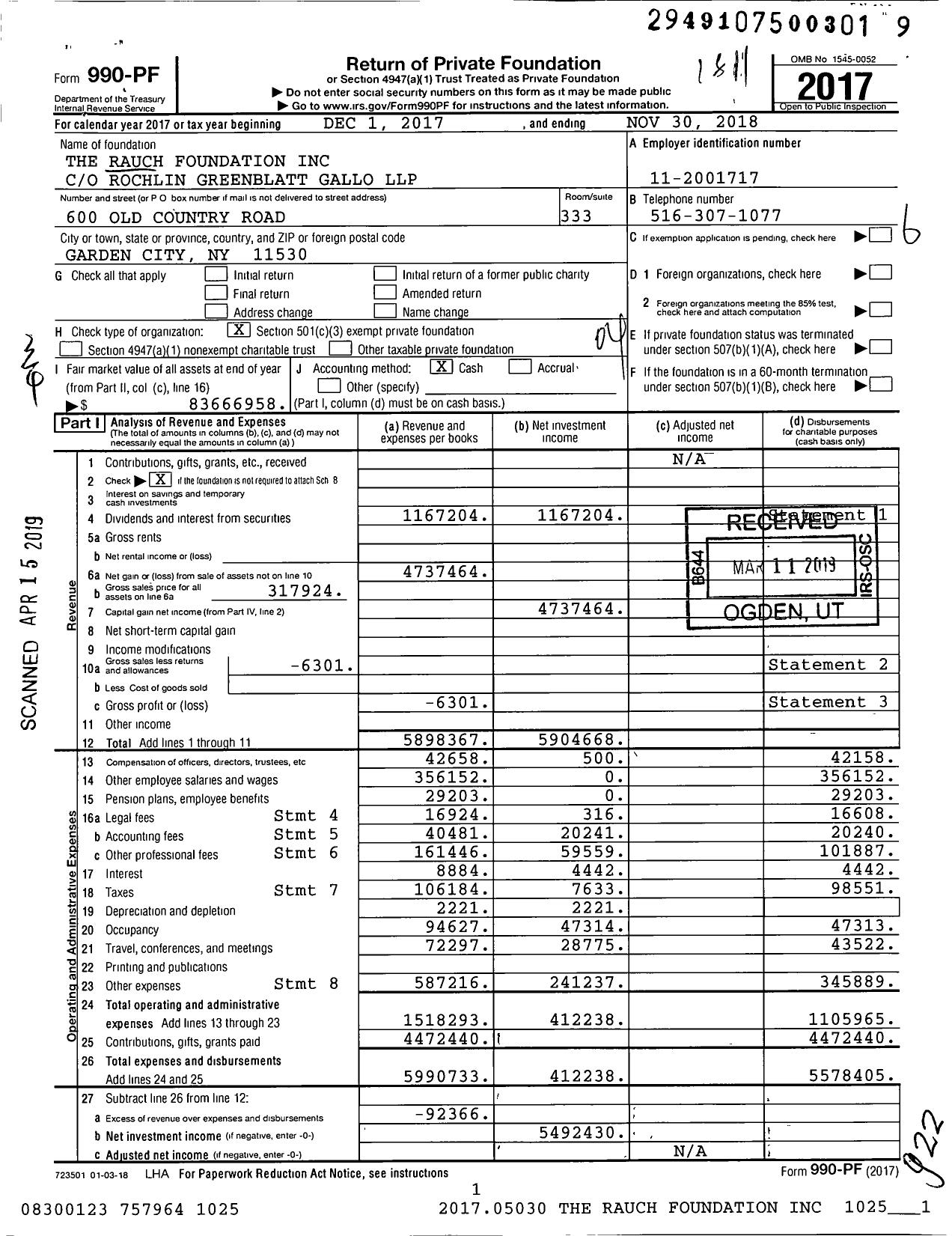 Image of first page of 2017 Form 990PF for Rauch Foundation