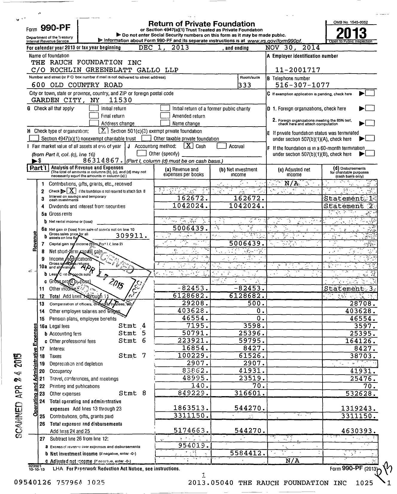 Image of first page of 2013 Form 990PF for Rauch Foundation
