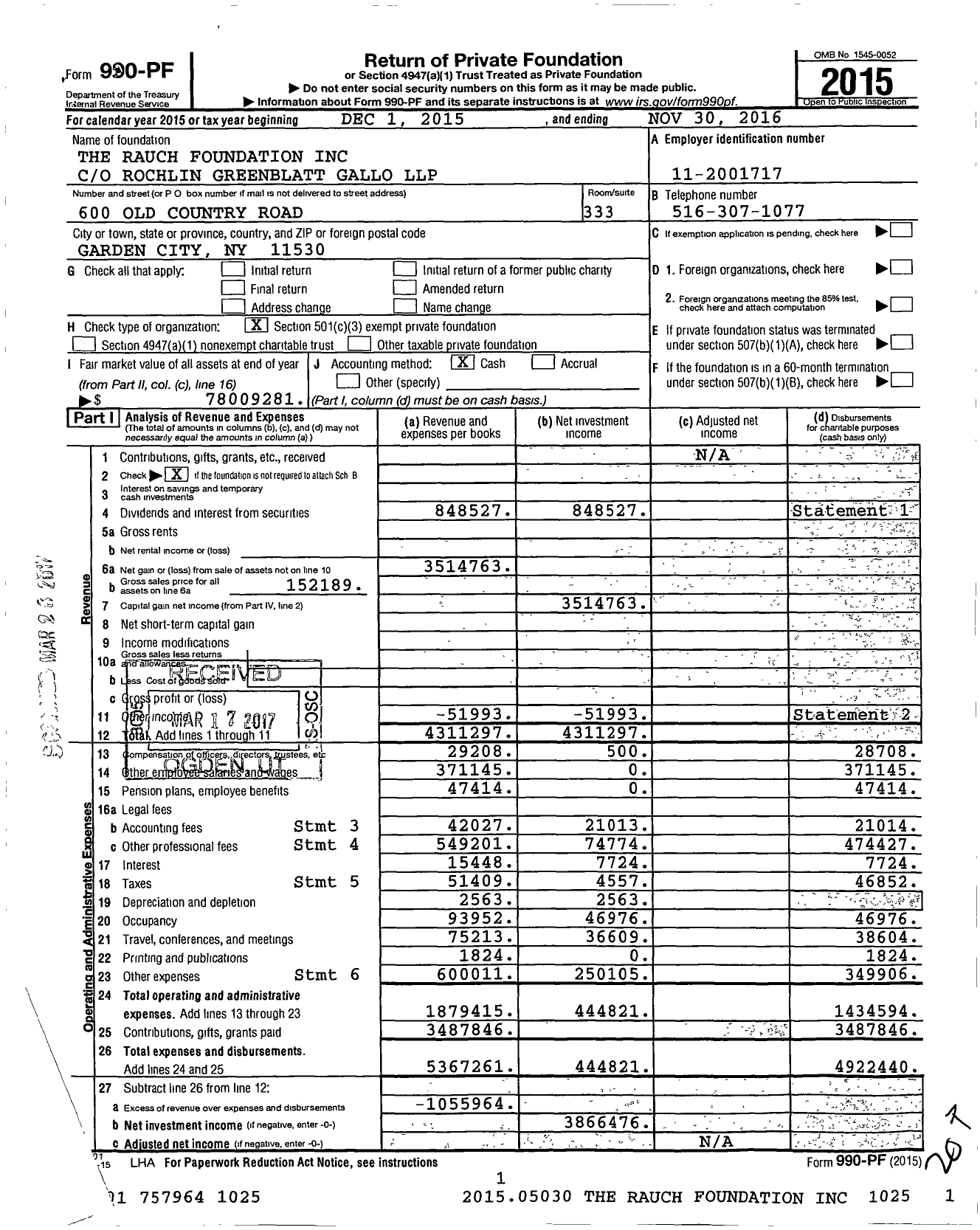 Image of first page of 2015 Form 990PF for Rauch Foundation