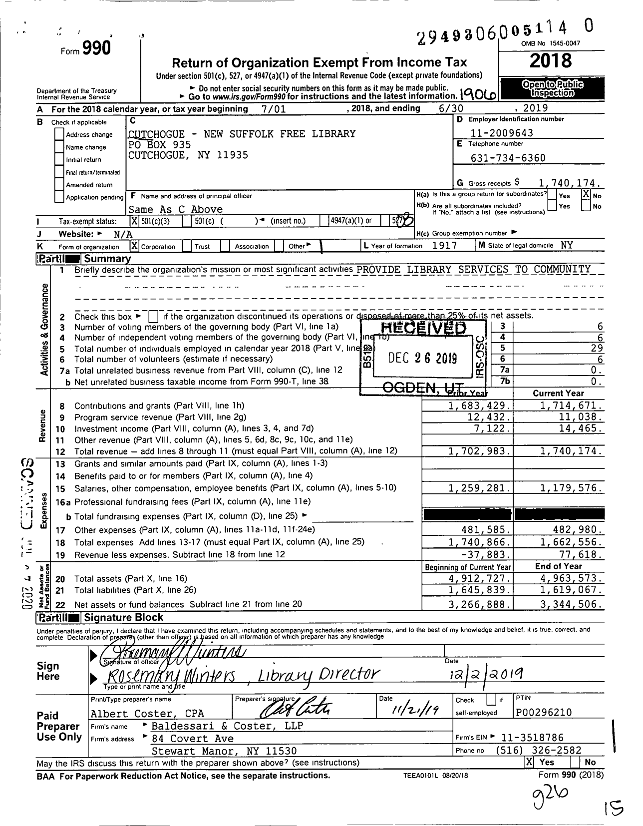 Image of first page of 2018 Form 990 for Cutchogue - New Suffolk Free Library