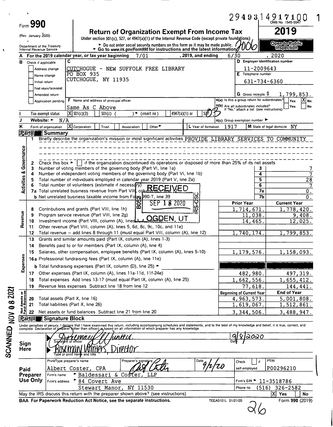 Image of first page of 2019 Form 990 for Cutchogue - New Suffolk Free Library