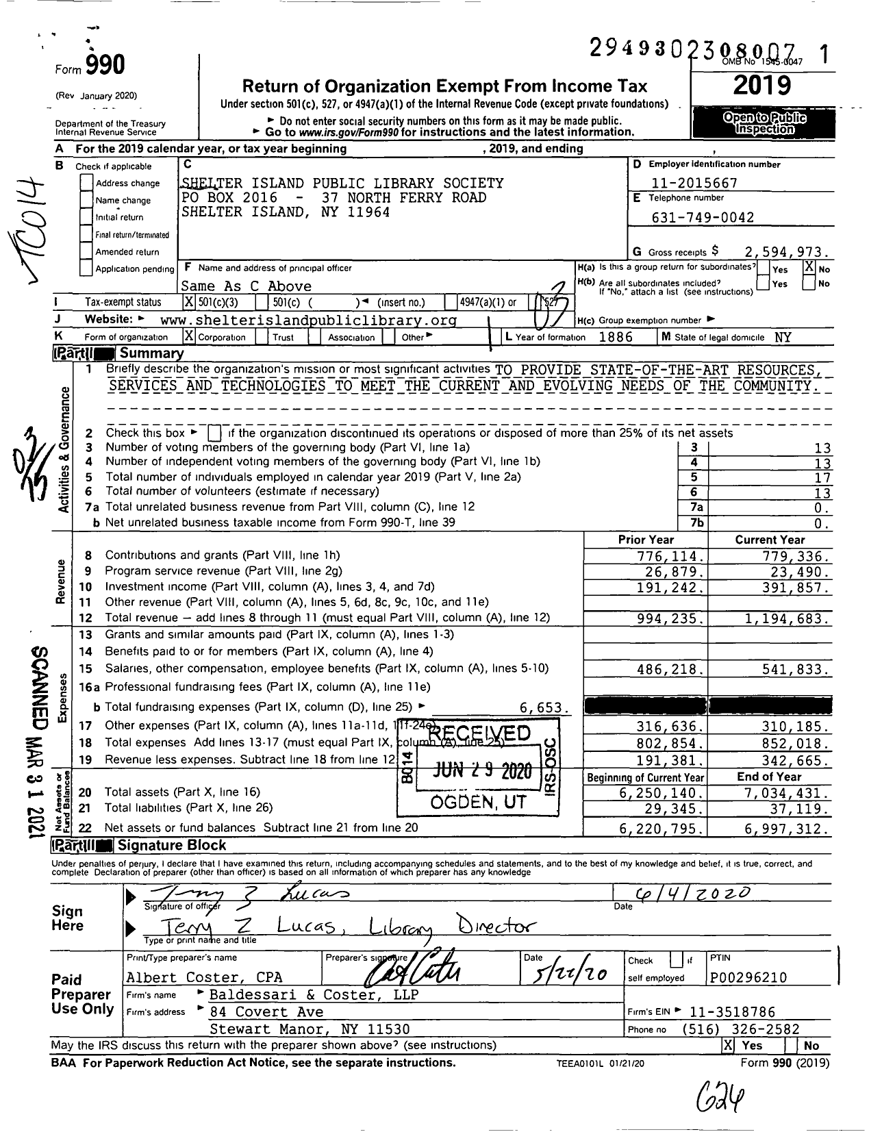 Image of first page of 2019 Form 990 for Shelter Island Public Library