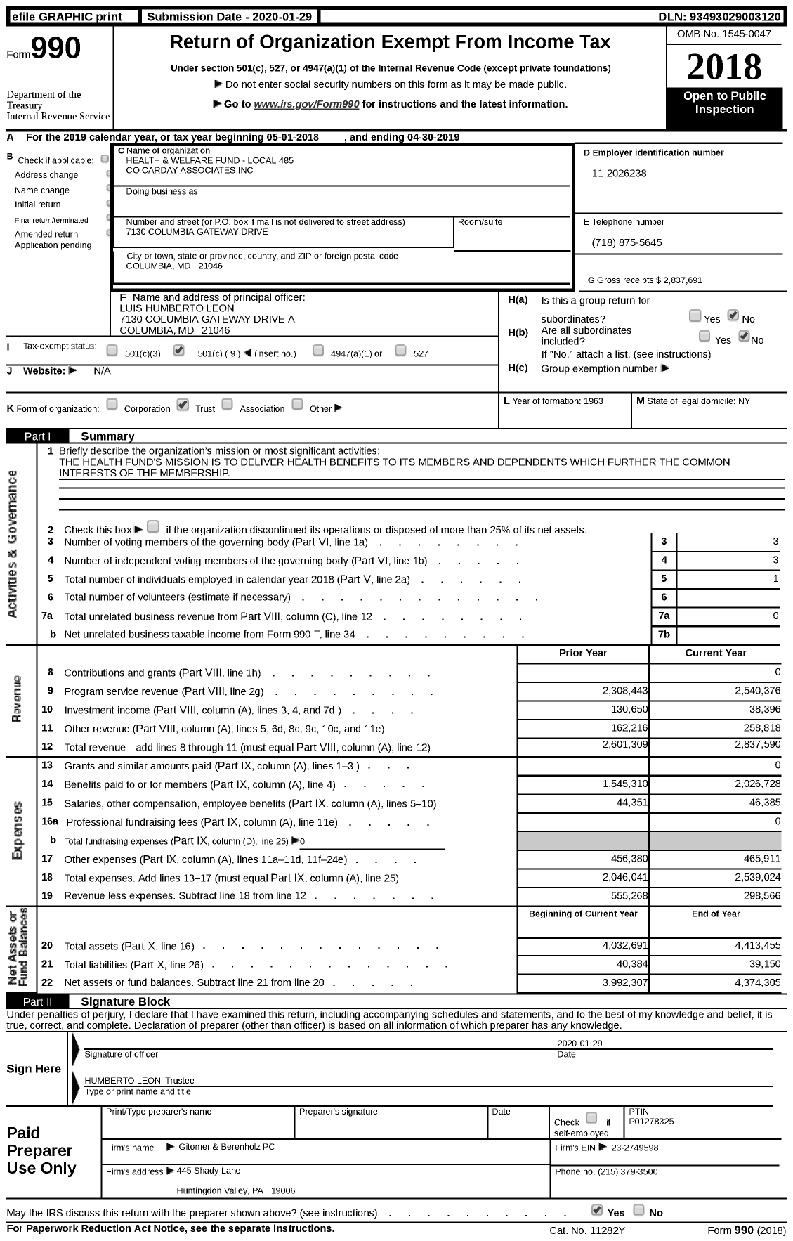 Image of first page of 2018 Form 990 for Health and Welfare Fund - Local 485