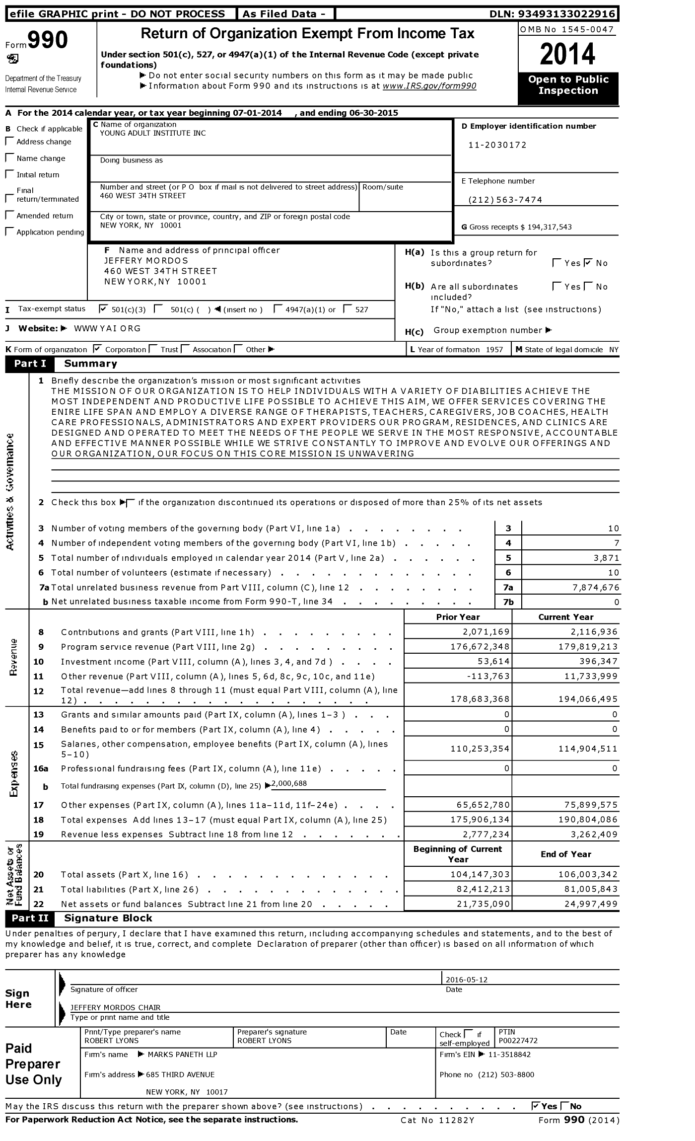 Image of first page of 2014 Form 990 for Young Adult Institute (YAI)