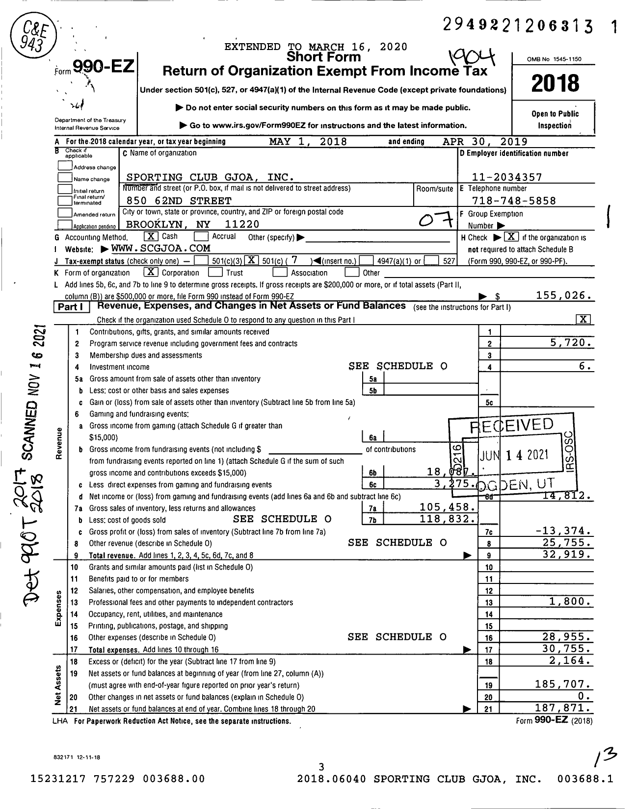 Image of first page of 2018 Form 990EO for Sporting Club Gjoa