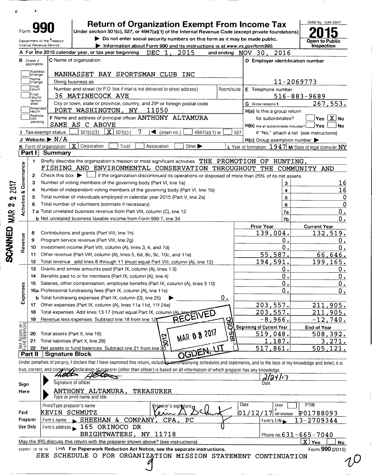 Image of first page of 2015 Form 990O for Manhasset Bay Sportsman Club