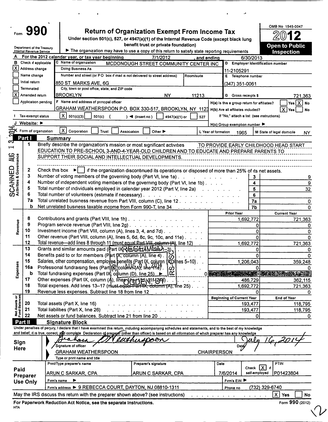 Image of first page of 2012 Form 990 for Mcdonough Street Community Center