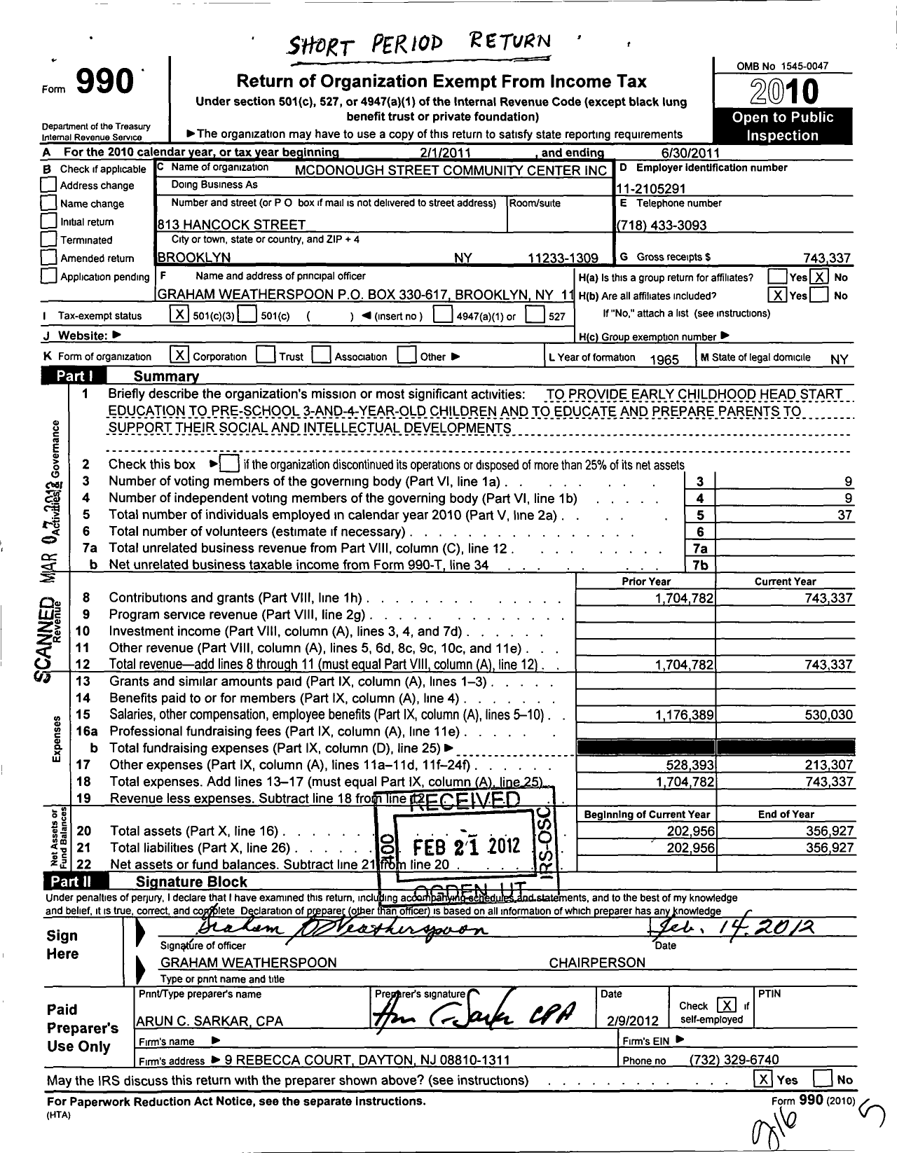 Image of first page of 2010 Form 990 for Mcdonough Street Community Center