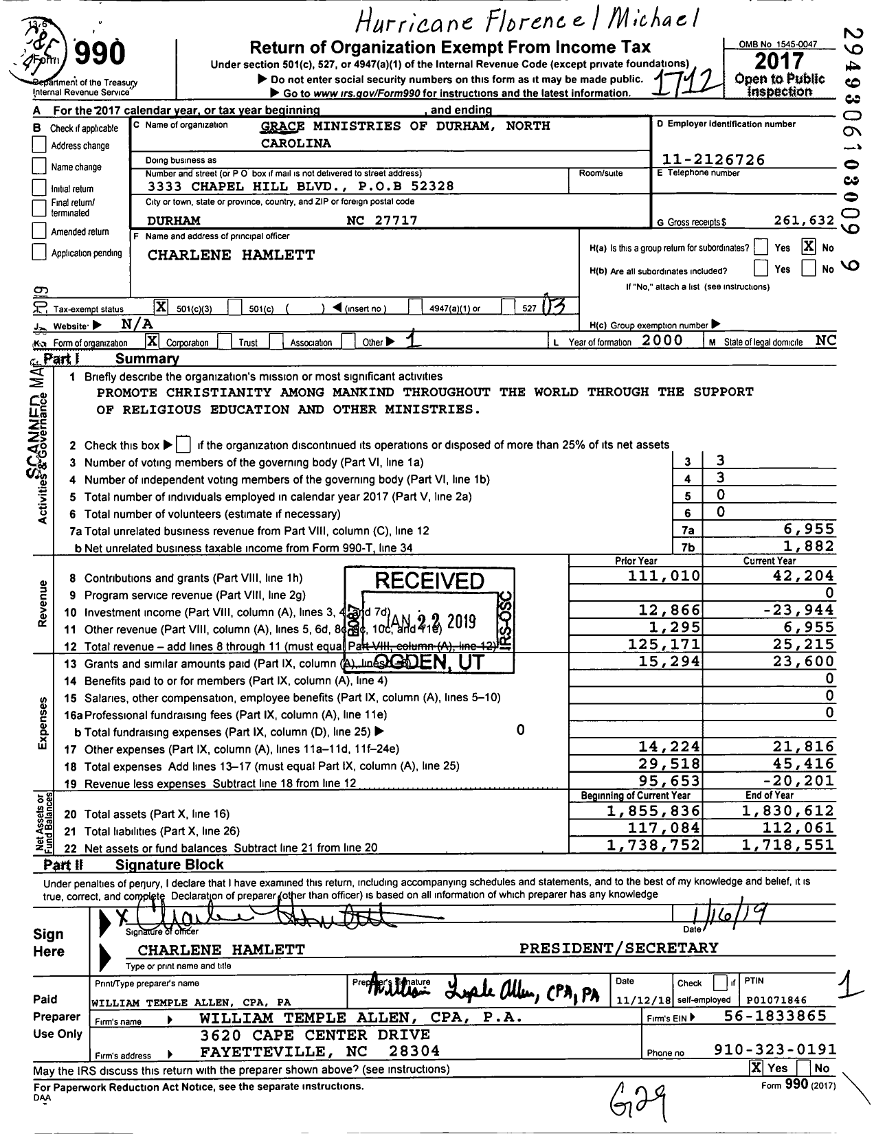 Image of first page of 2017 Form 990 for Grace Ministries of Durham North Carolina