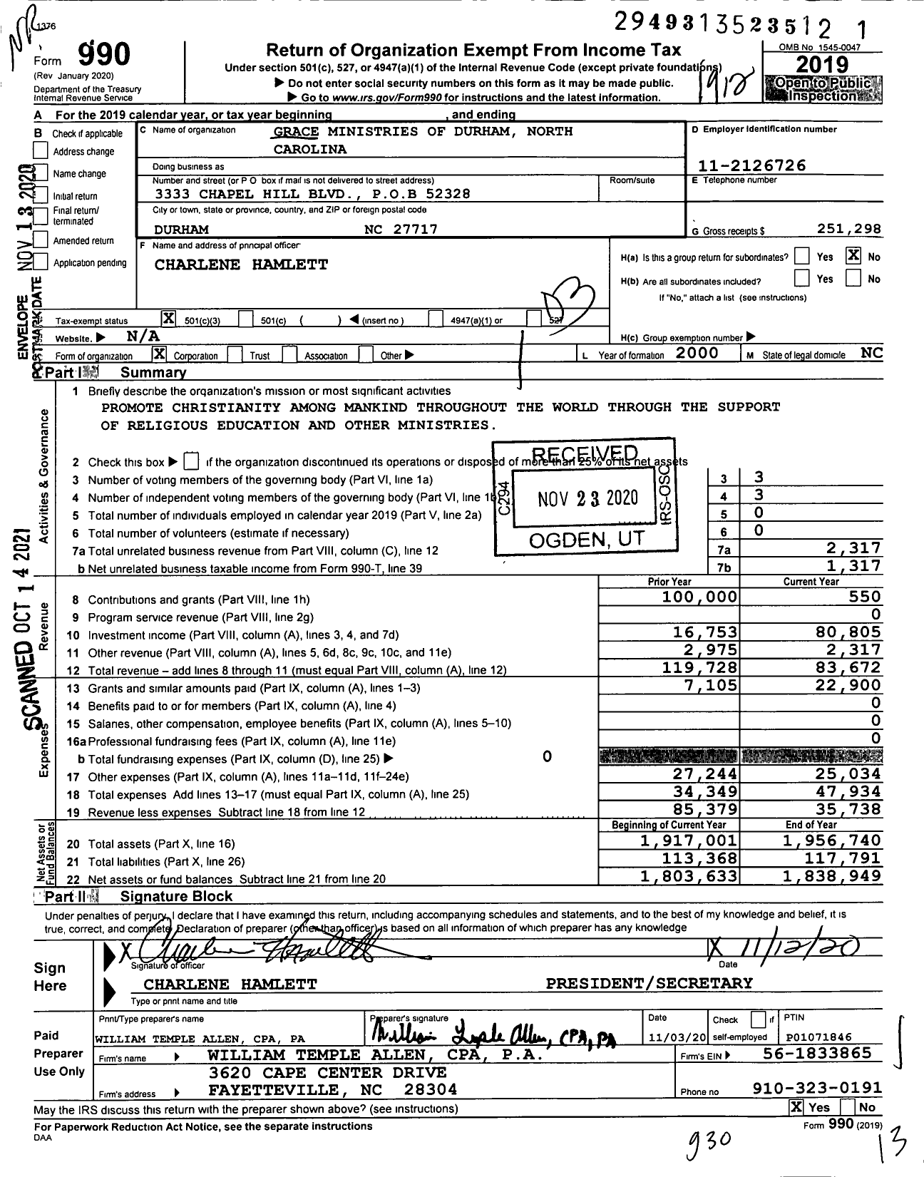 Image of first page of 2019 Form 990 for Grace Ministries of Durham North Carolina