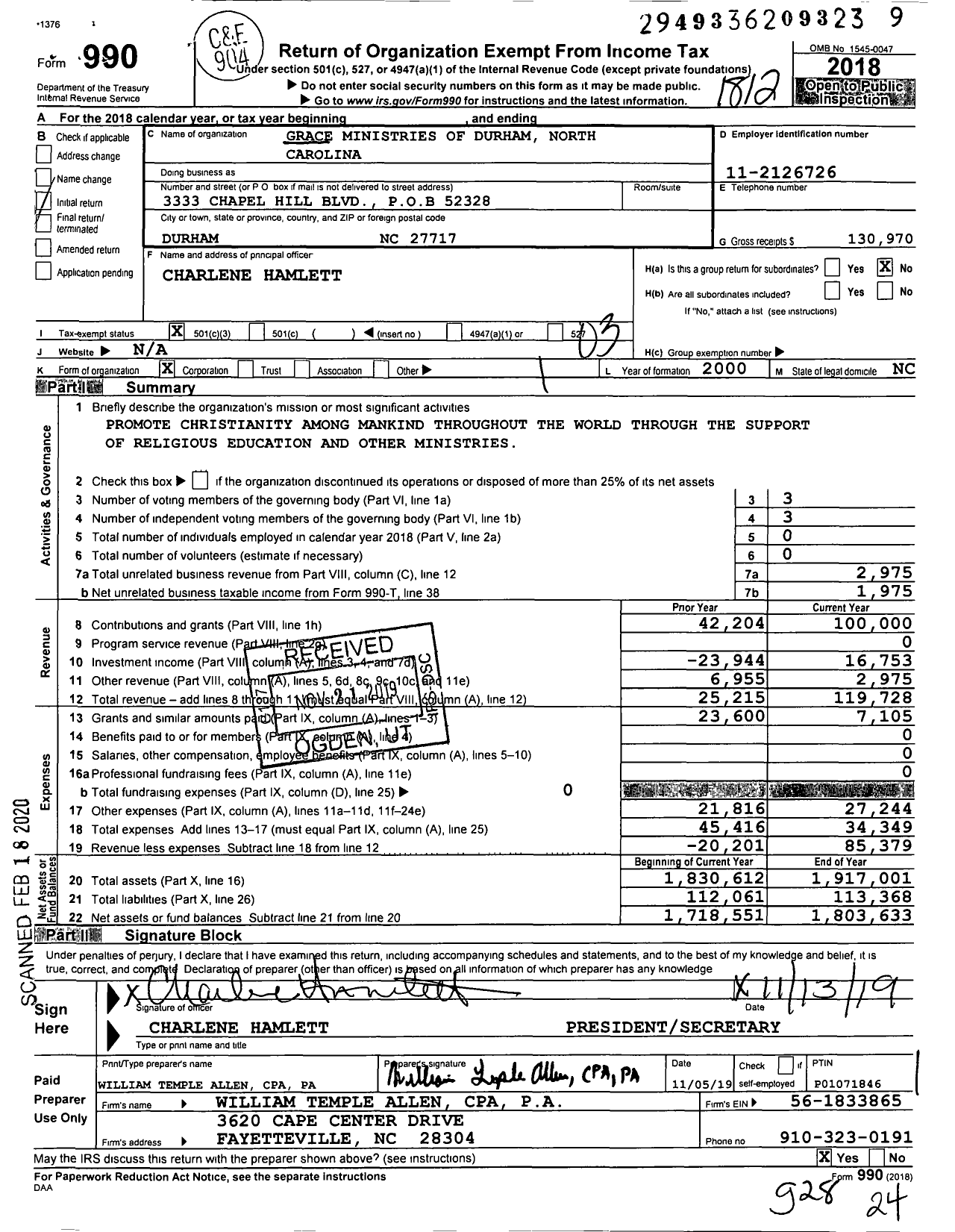 Image of first page of 2018 Form 990 for Grace Ministries of Durham North Carolina