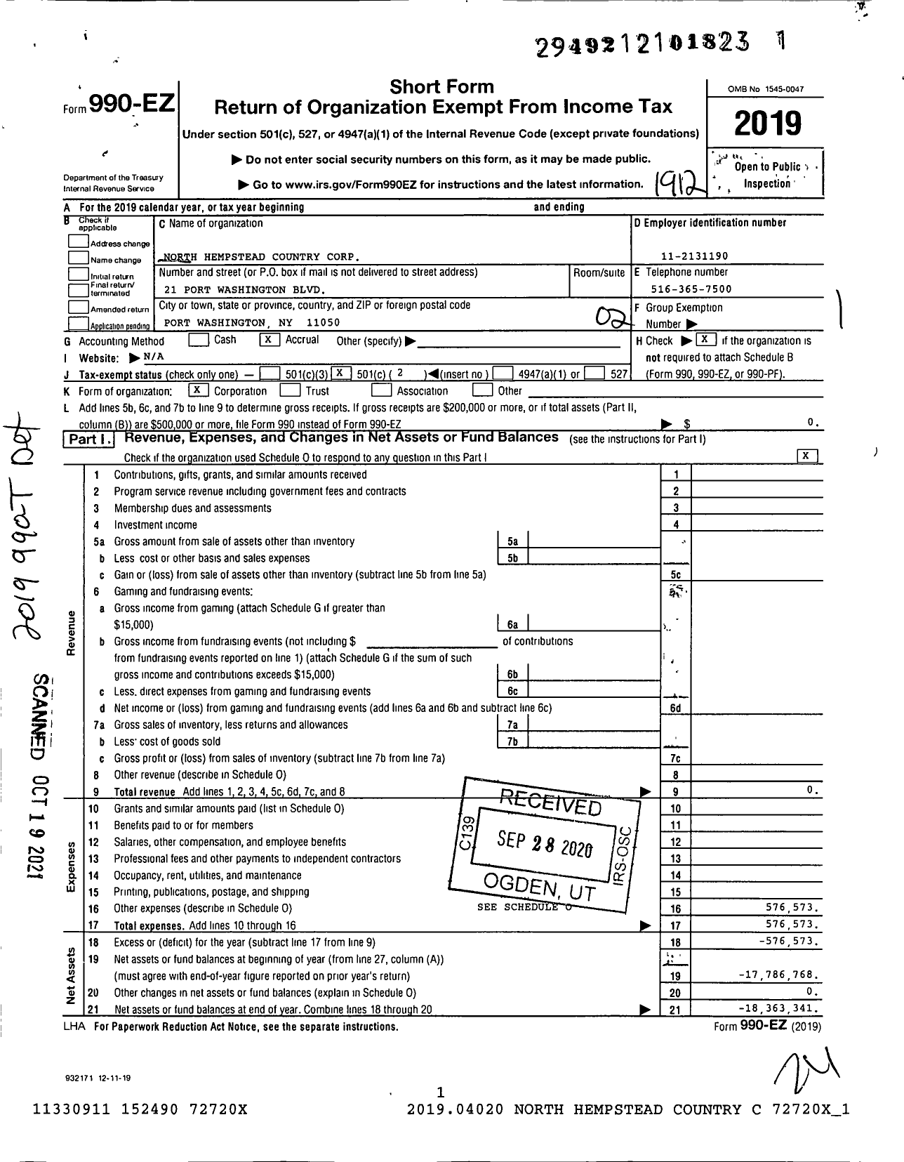 Image of first page of 2019 Form 990EO for North Hempstead Country Corporation