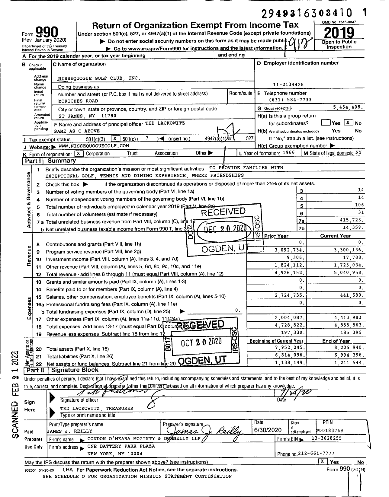 Image of first page of 2019 Form 990O for Nissequogue Golf Club