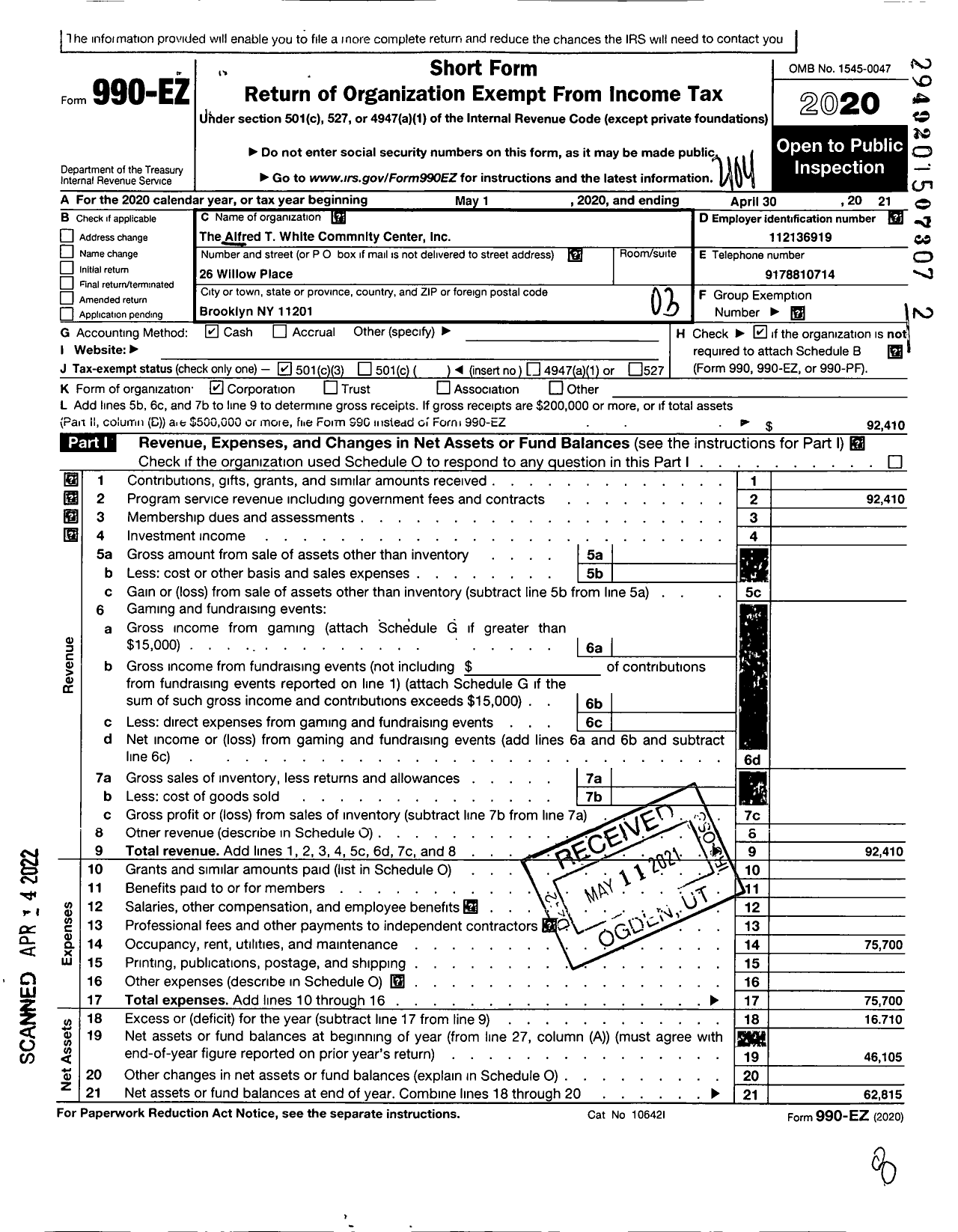 Image of first page of 2020 Form 990EZ for Alfred T White JR Community Center