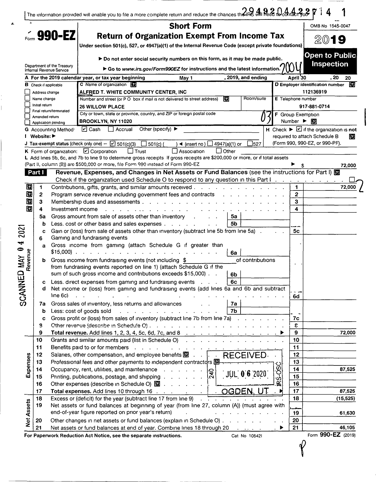 Image of first page of 2019 Form 990EZ for Alfred T White JR Community Center