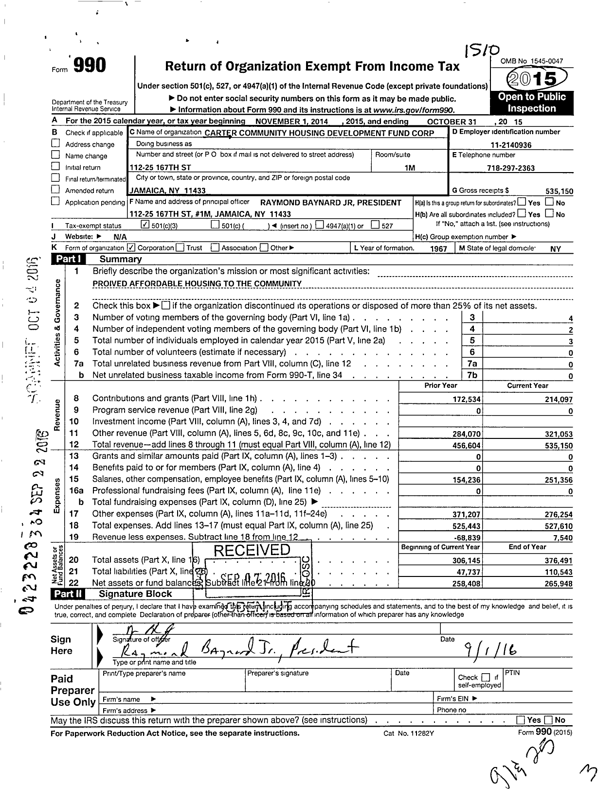 Image of first page of 2014 Form 990 for Carter Community Housing Development Fund Corporation