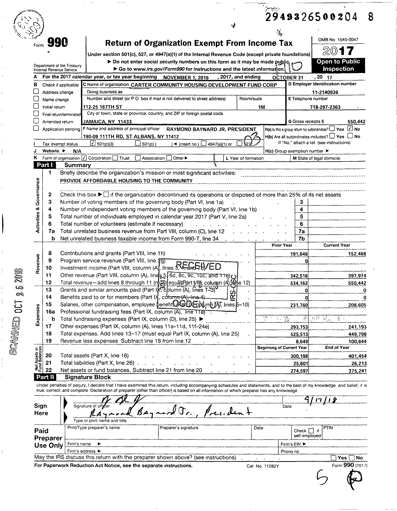 Image of first page of 2016 Form 990 for Carter Community Housing Development Fund Corporation