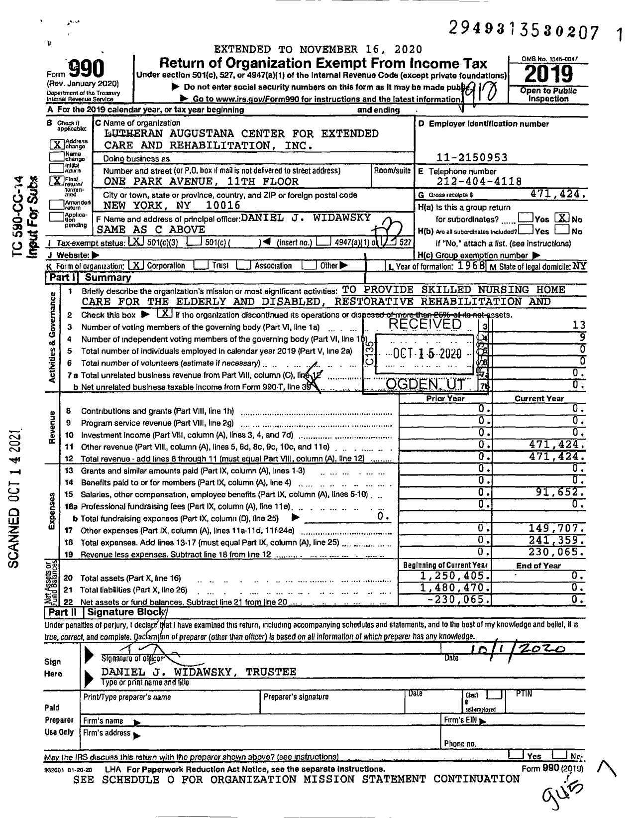 Image of first page of 2019 Form 990 for Lutheran Augustana Center for Extended Care and Rehabilitation