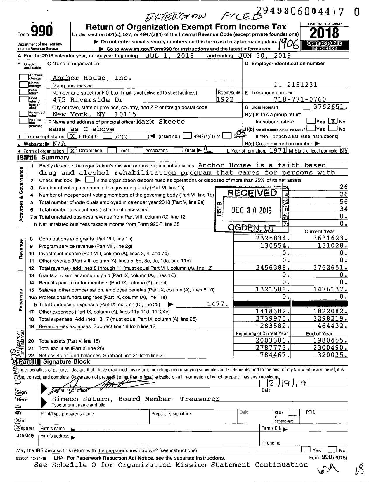 Image of first page of 2018 Form 990 for Anchor House