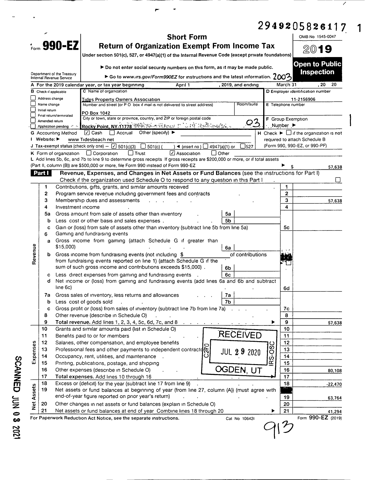 Image of first page of 2019 Form 990EZ for Tides Property Owners Association