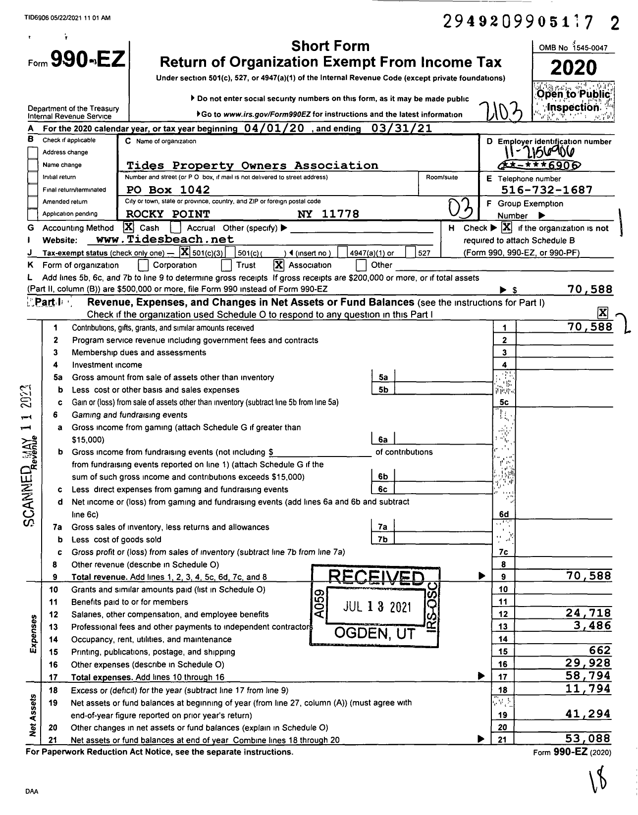 Image of first page of 2020 Form 990EZ for Tides Property Owners Association