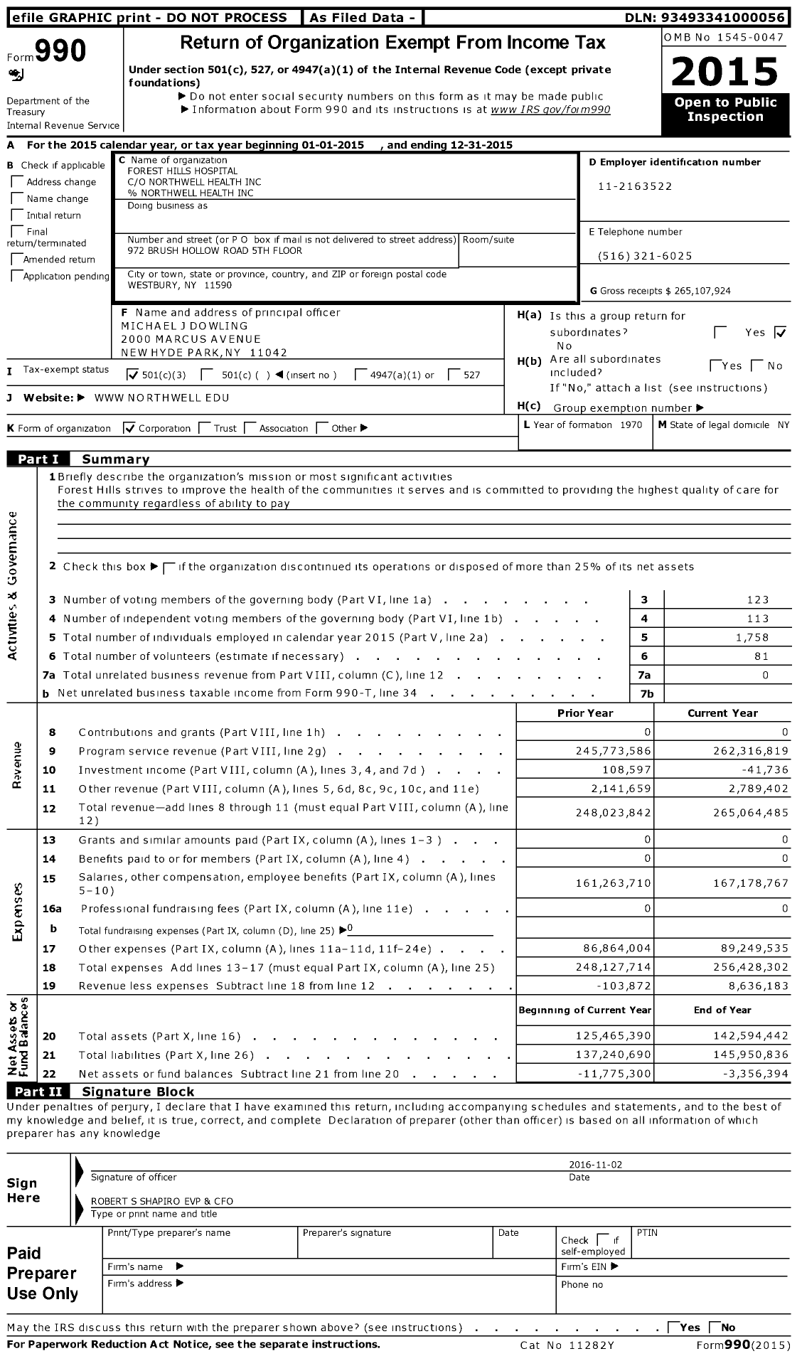 Image of first page of 2015 Form 990 for Forest Hills Hospital