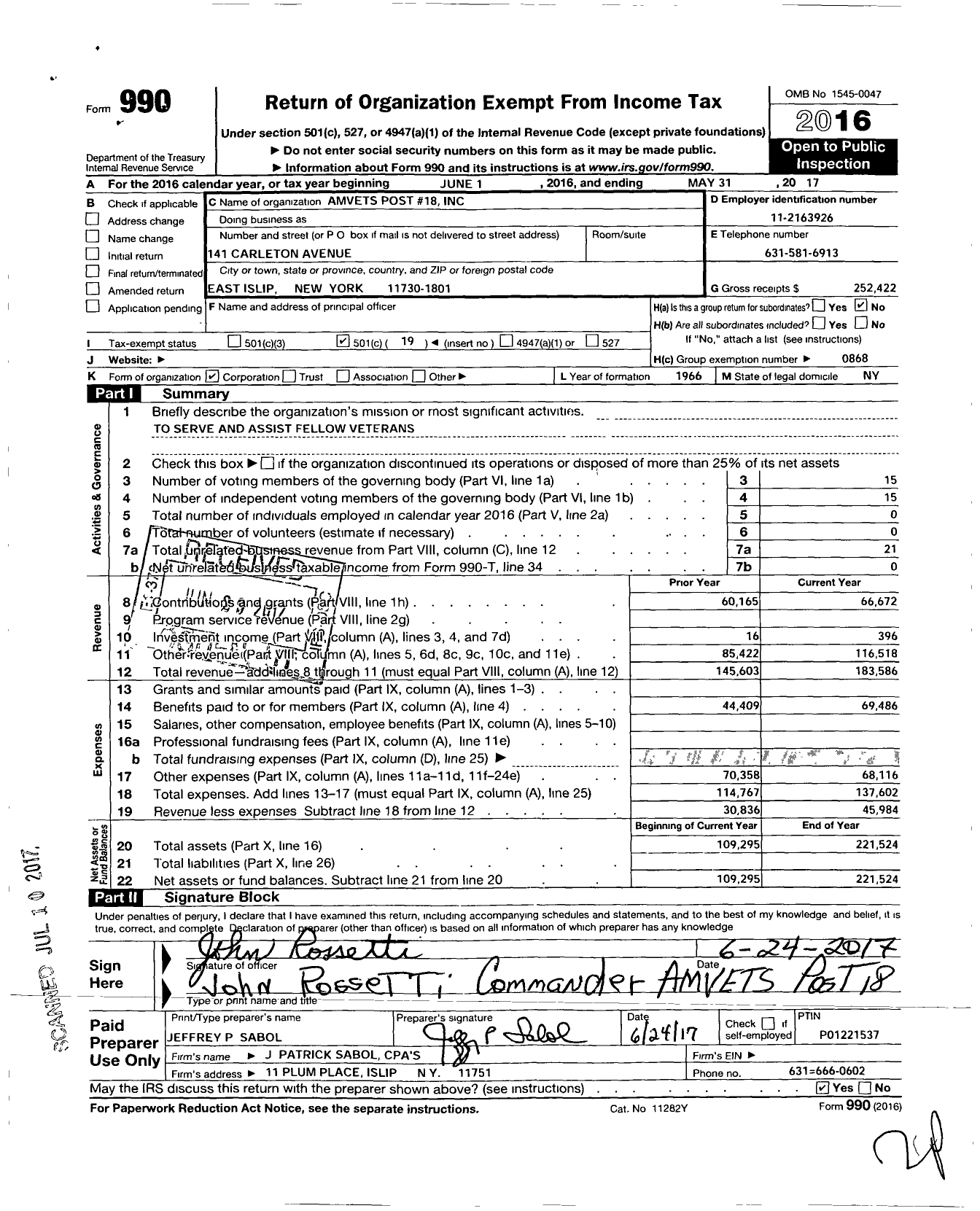 Image of first page of 2016 Form 990O for Amvets - 18