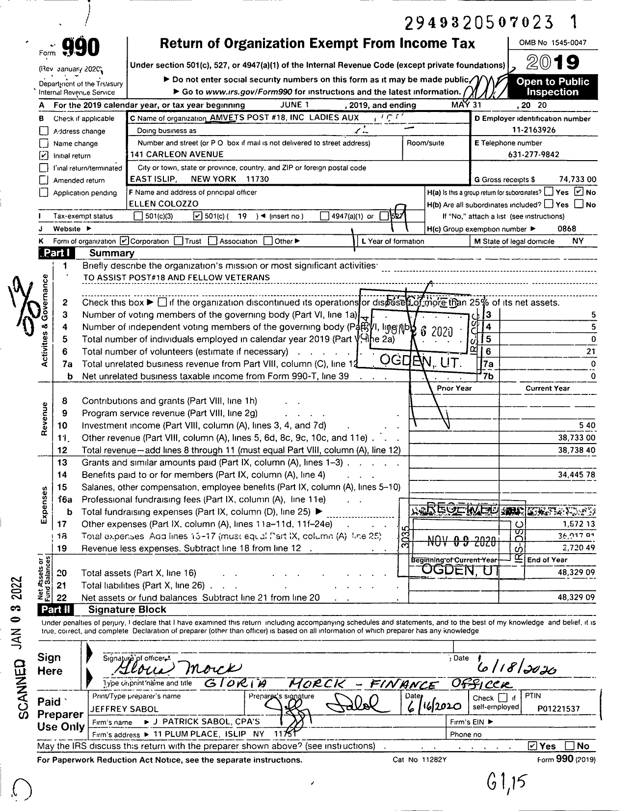 Image of first page of 2019 Form 990O for Amvets - 18