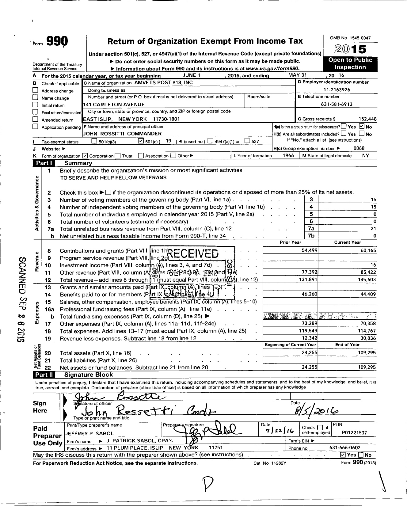 Image of first page of 2015 Form 990O for Amvets - 18