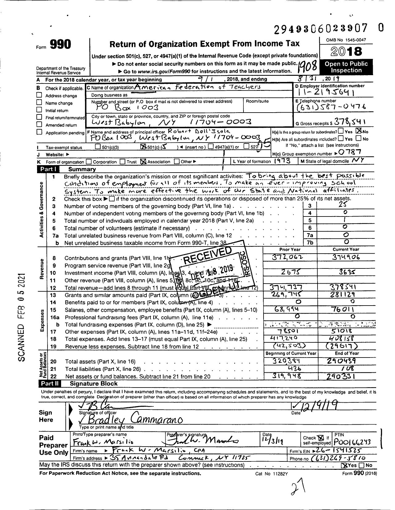 Image of first page of 2018 Form 990O for American Federation of Teachers - 3104 West Babylon