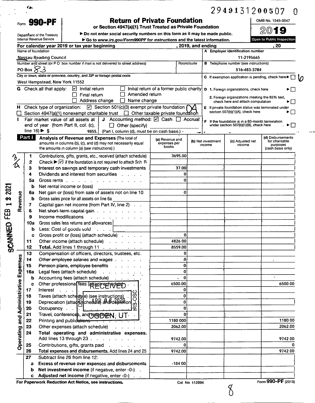 Image of first page of 2019 Form 990PF for Nassau Reading Council