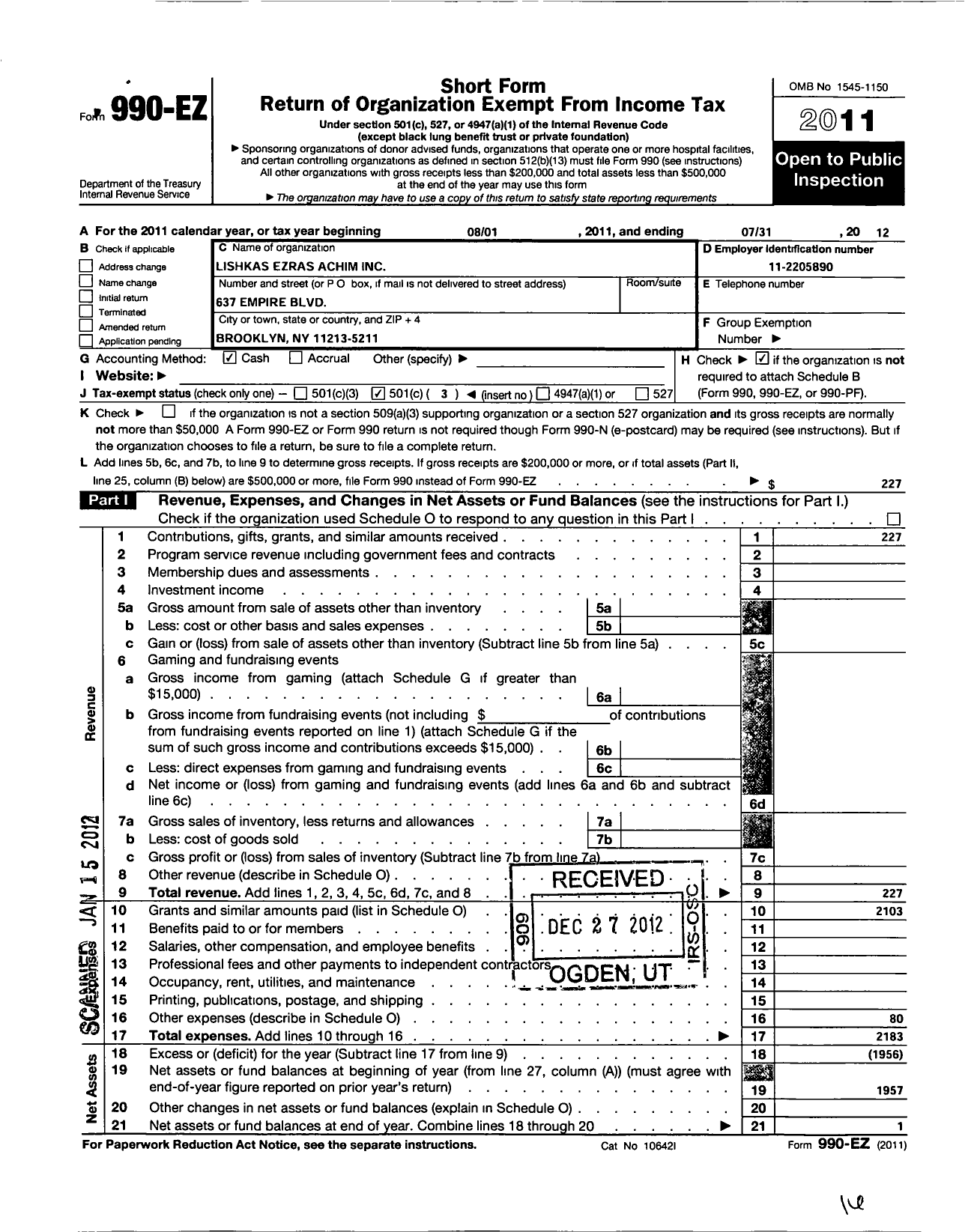 Image of first page of 2011 Form 990EZ for Lishkas Ezras Achim