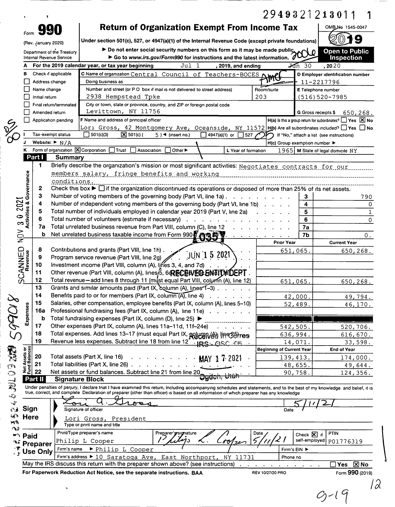 Image of first page of 2019 Form 990O for Central Council Teachers Teachers-Boces