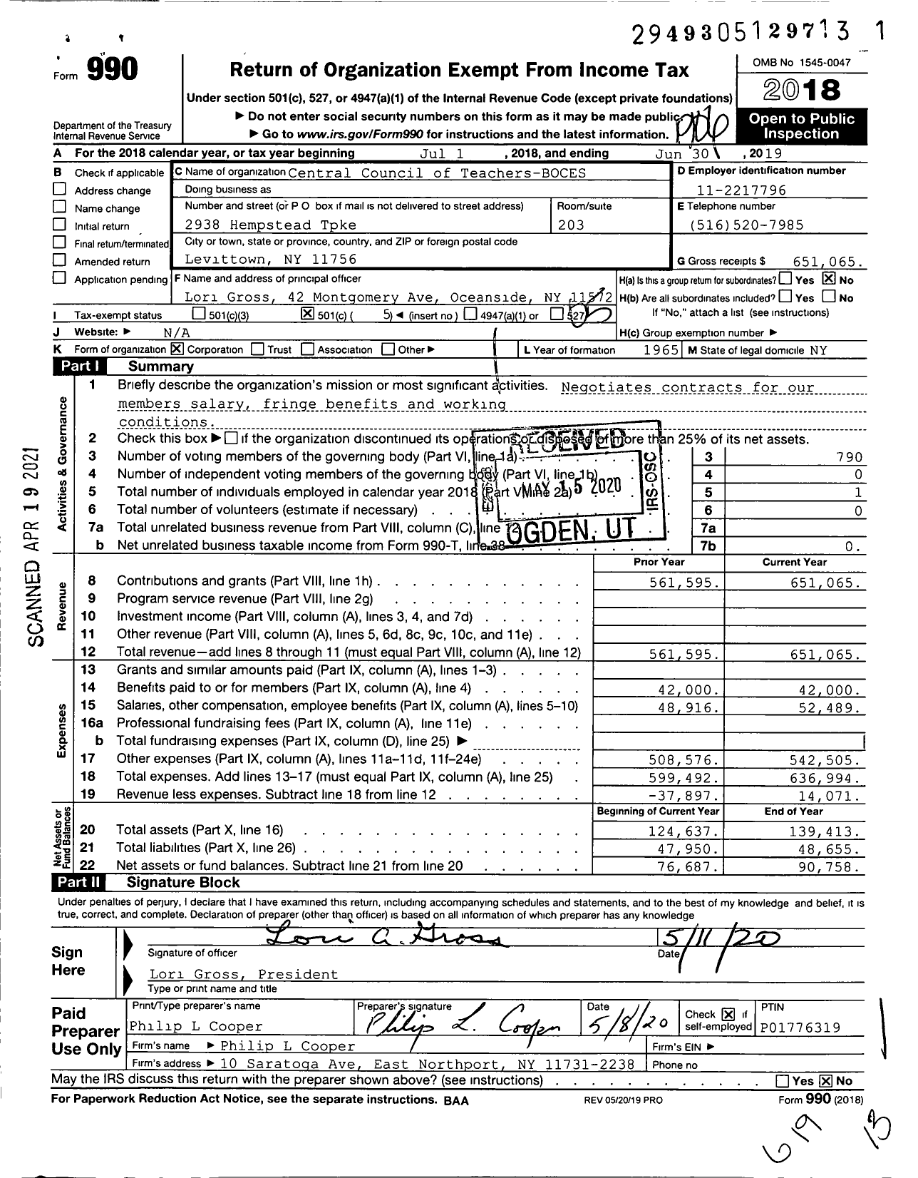 Image of first page of 2018 Form 990O for Central Council Teachers Teachers-Boces