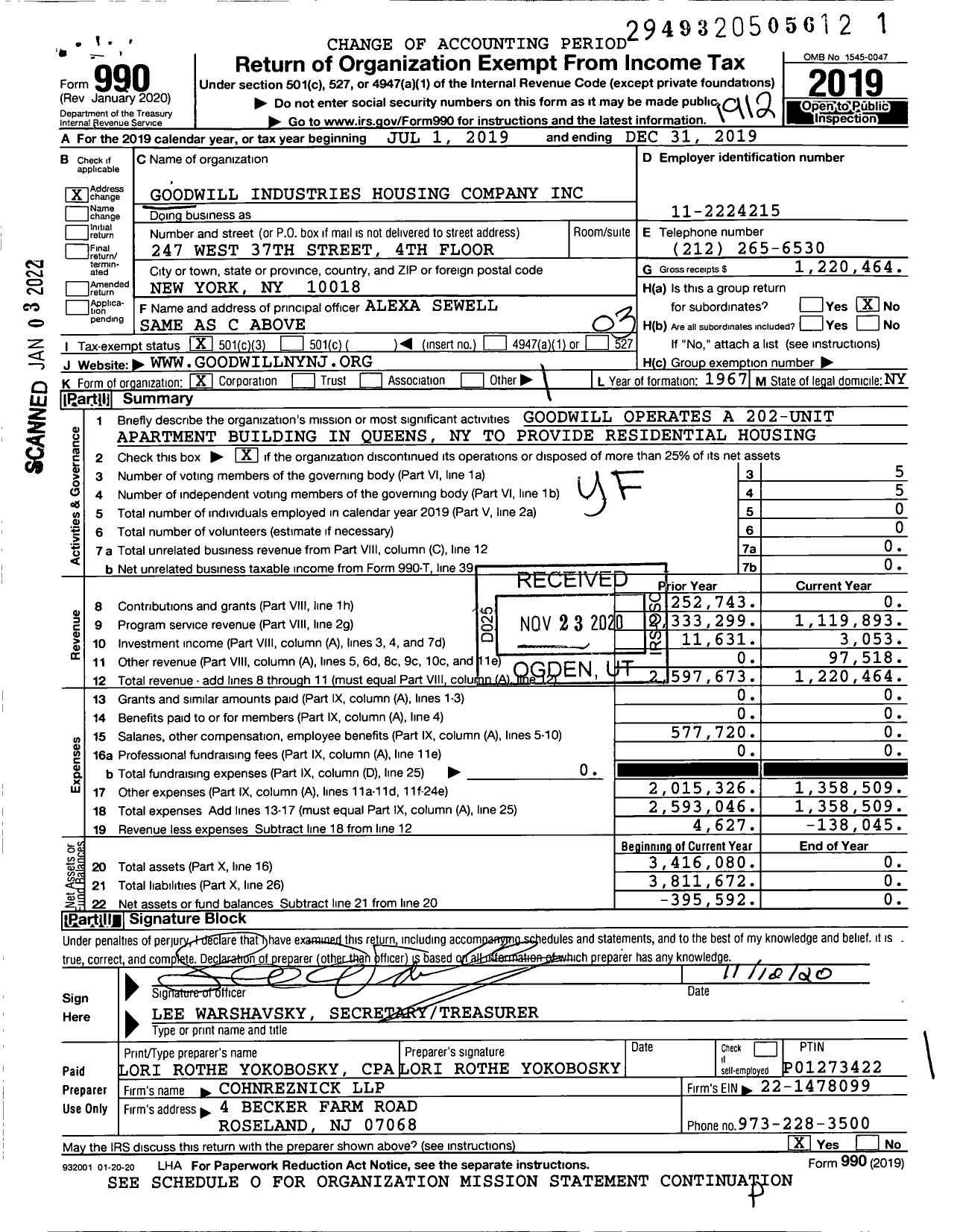 Image of first page of 2019 Form 990 for Goodwill Industries Housing Company