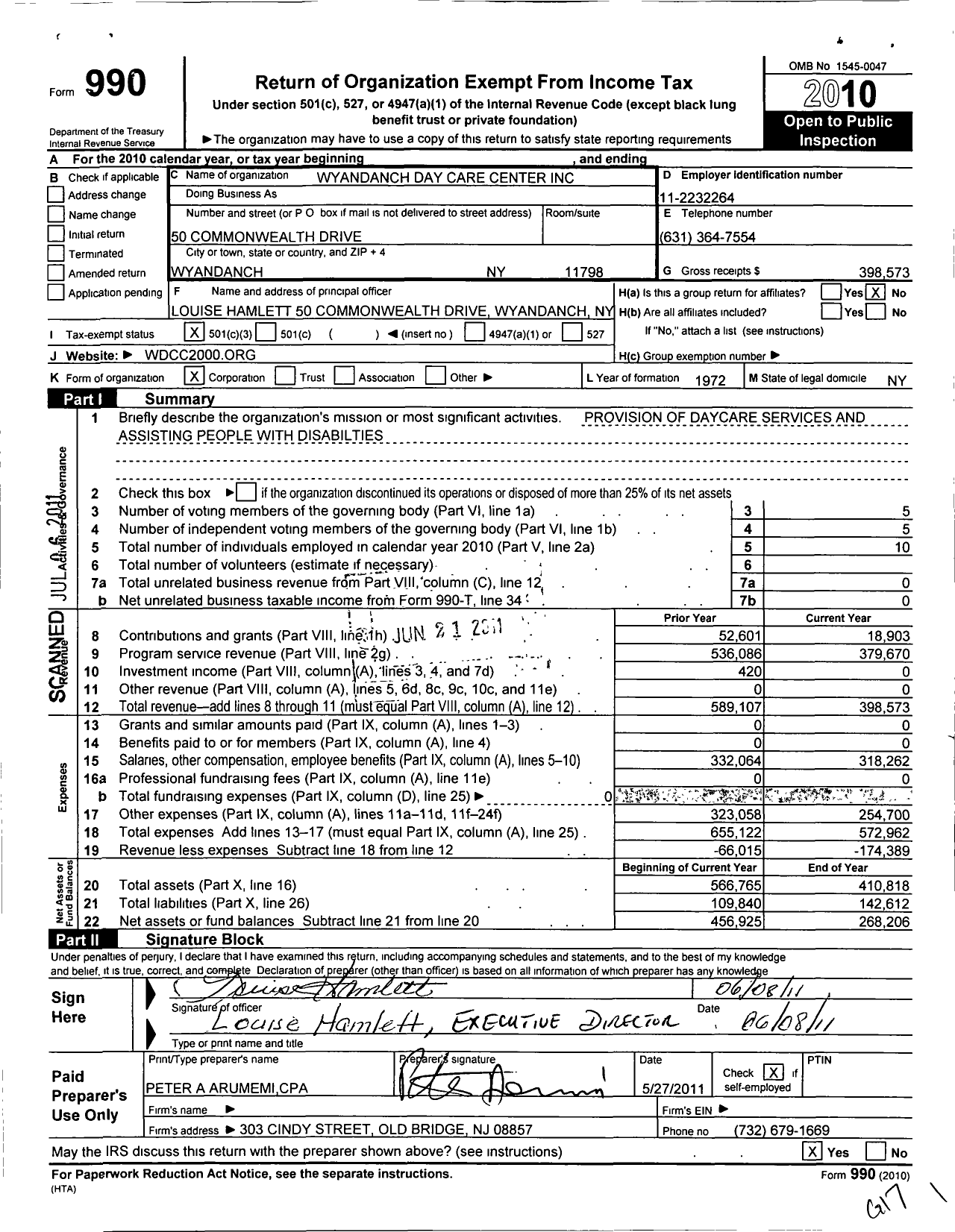 Image of first page of 2010 Form 990 for Wyandanch Day Care Center